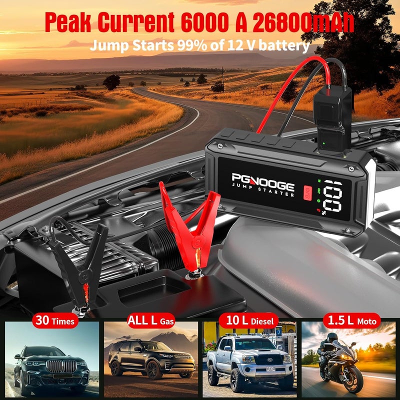 PGNOOGE 26800mAh 6000A Car Jump Starter (Up to ALL Gas/10 L Diesel), 12 V Car Battery Jump Starter with Force Start Button and USB Output, Large LCD Display, 600 Lumens Light-black - Image 2