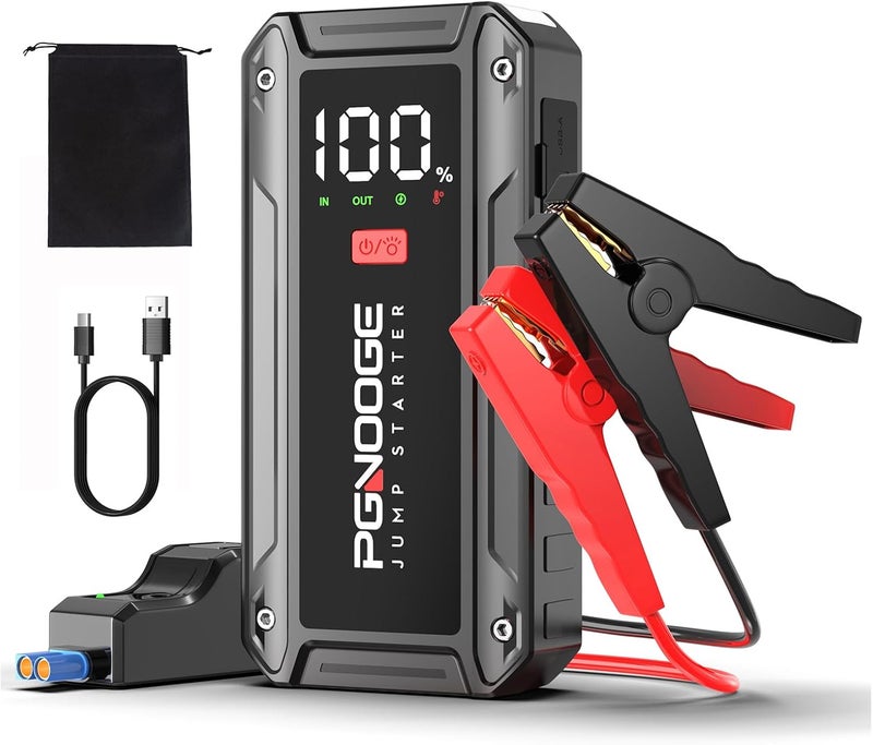 PGNOOGE 26800mAh 6000A Car Jump Starter (Up to ALL Gas/10 L Diesel), 12 V Car Battery Jump Starter with Force Start Button and USB Output, Large LCD Display, 600 Lumens Light-black - Image 1