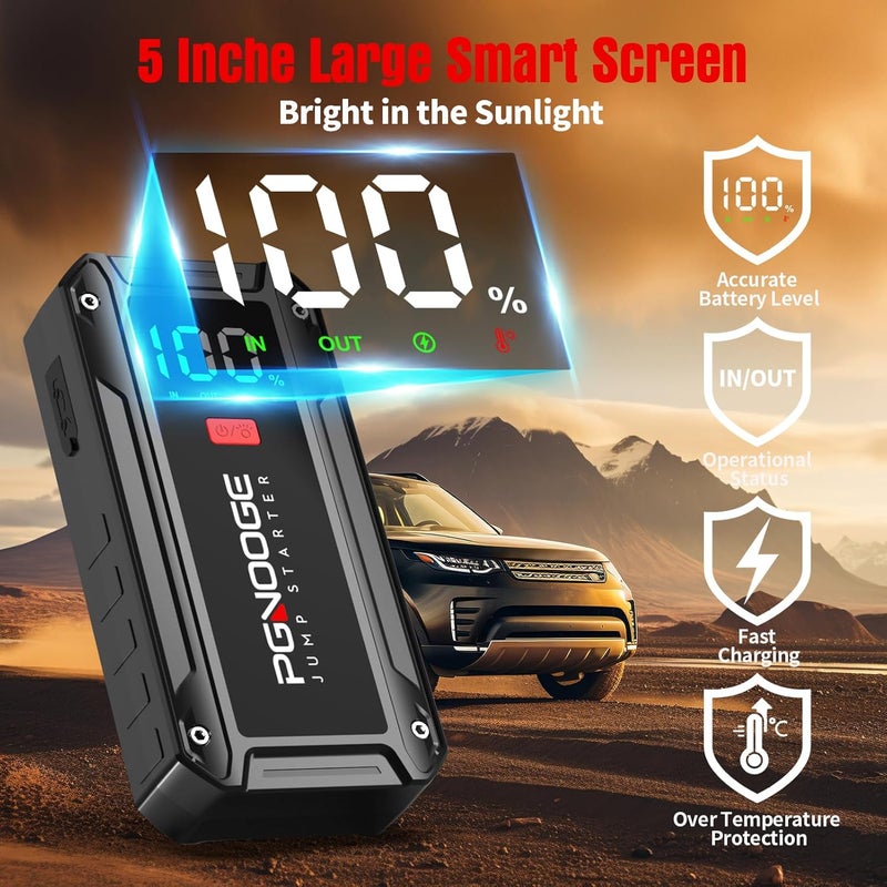 PGNOOGE 26800mAh 6000A Car Jump Starter (Up to ALL Gas/10 L Diesel), 12 V Car Battery Jump Starter with Force Start Button and USB Output, Large LCD Display, 600 Lumens Light-black - Image 3