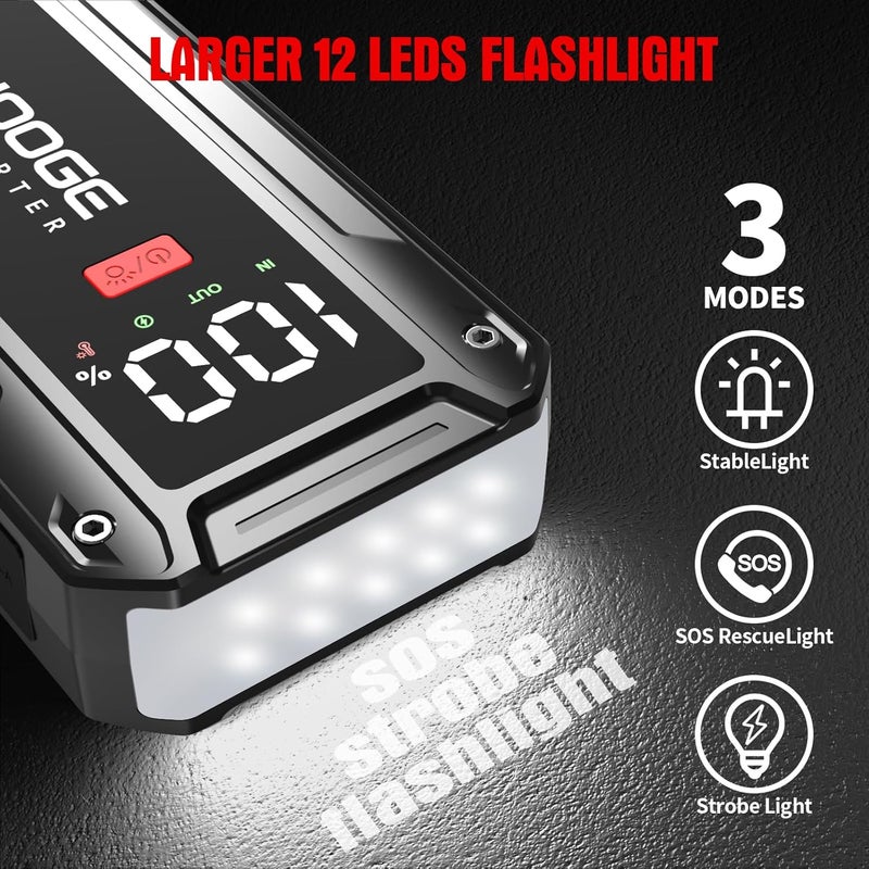 PGNOOGE 26800mAh 6000A Car Jump Starter (Up to ALL Gas/10 L Diesel), 12 V Car Battery Jump Starter with Force Start Button and USB Output, Large LCD Display, 600 Lumens Light-black - Image 4