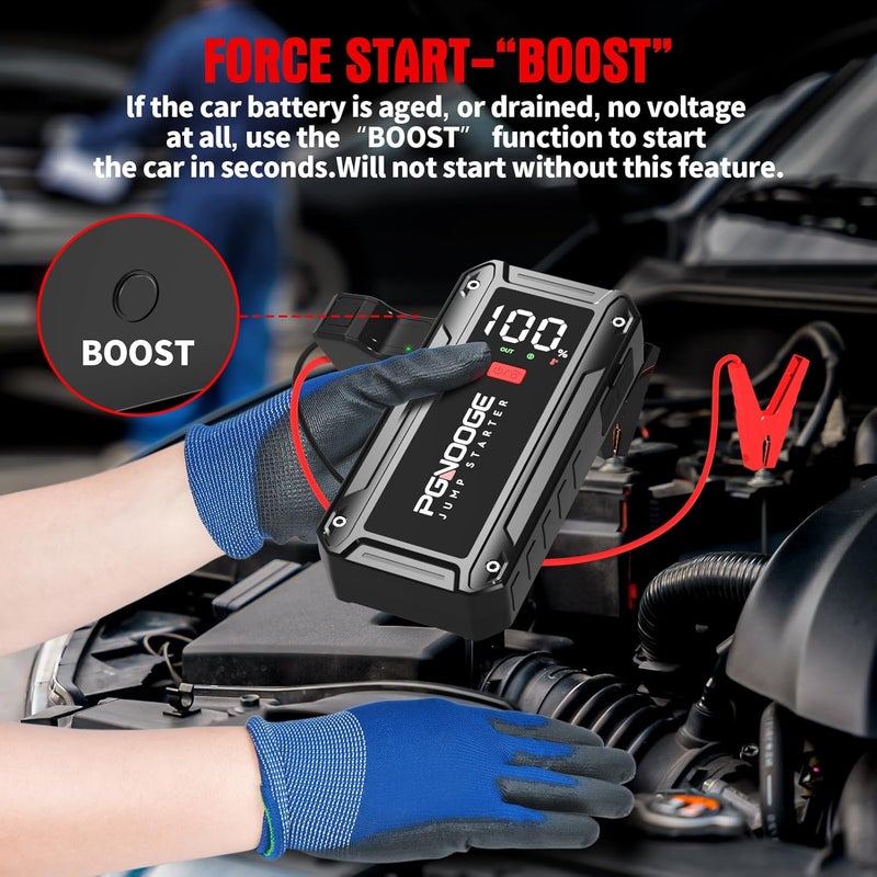 PGNOOGE 26800mAh 6000A Car Jump Starter (Up to ALL Gas/10 L Diesel), 12 V Car Battery Jump Starter with Force Start Button and USB Output, Large LCD Display, 600 Lumens Light-black - Image 5