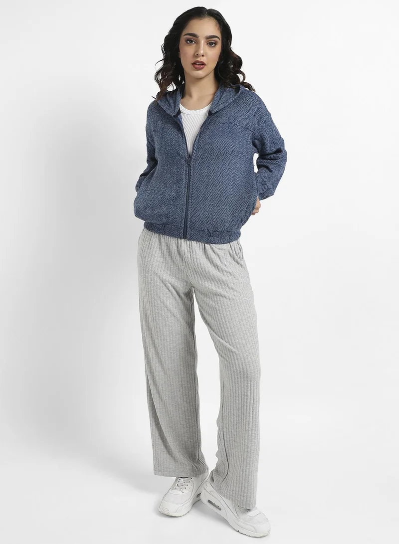 كامبوس سوترا Women's Prussian Blue Zip-Front Chevron Hoodie With Elasticated Hem