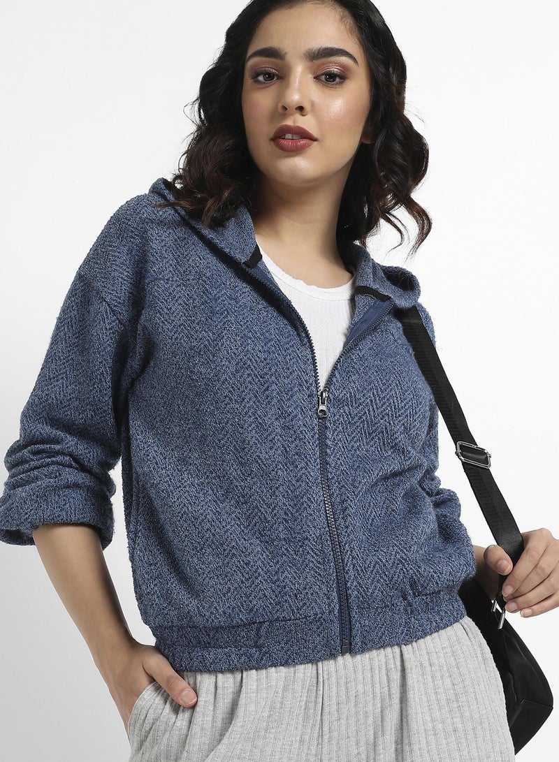 Campus Sutra Women's Prussian Blue Zip-Front Chevron Hoodie With Elasticated Hem  - Image 1