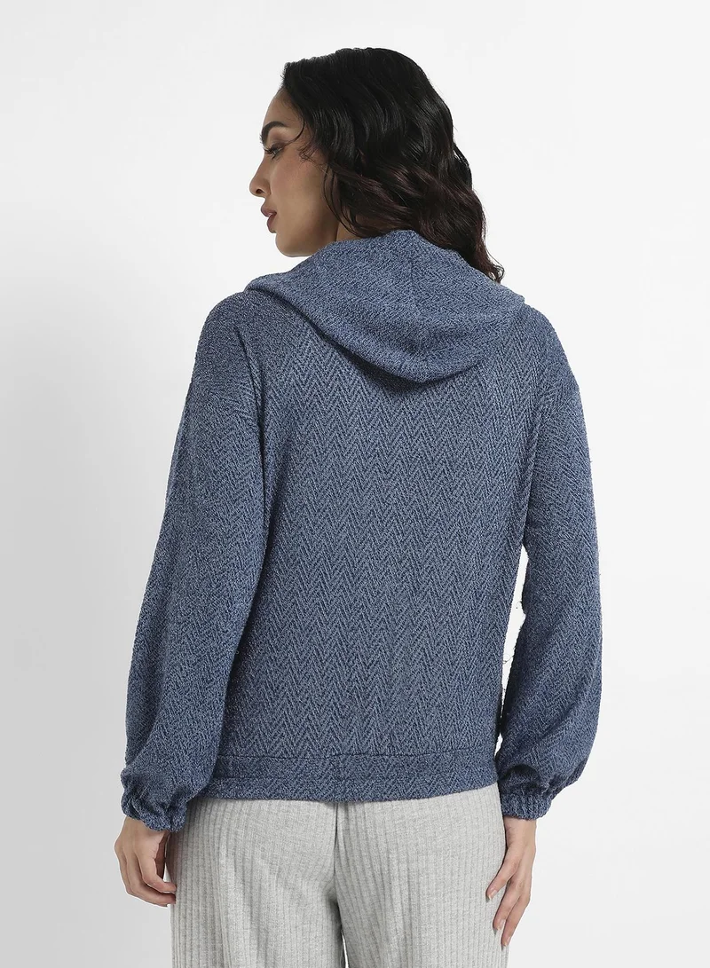 كامبوس سوترا Women's Prussian Blue Zip-Front Chevron Hoodie With Elasticated Hem