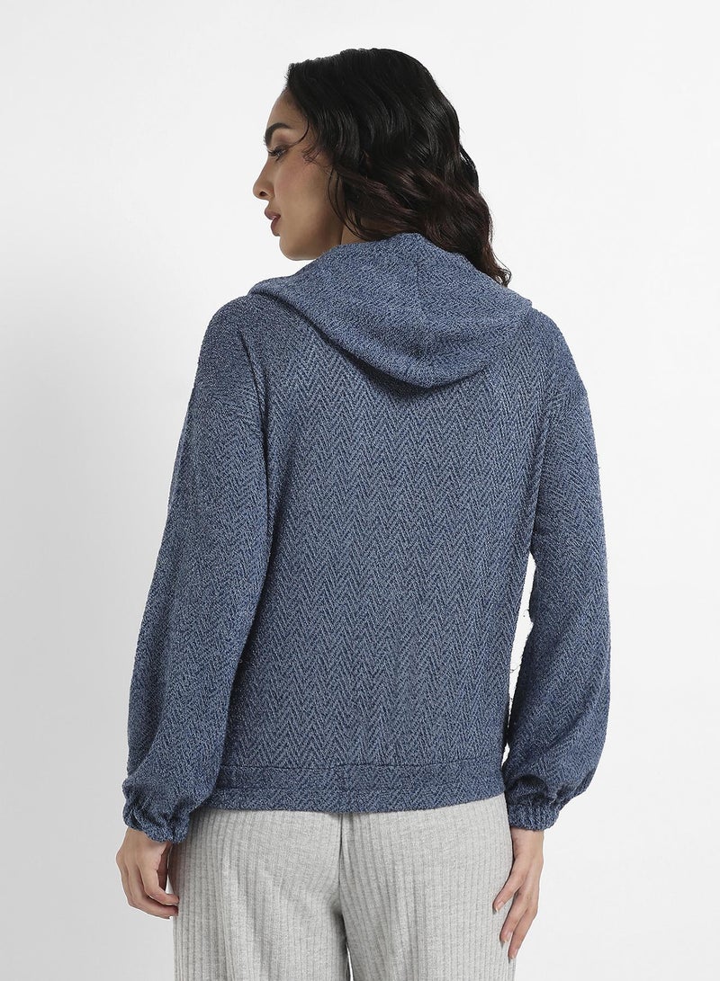 Campus Sutra Women's Prussian Blue Zip-Front Chevron Hoodie With Elasticated Hem  - Image 5