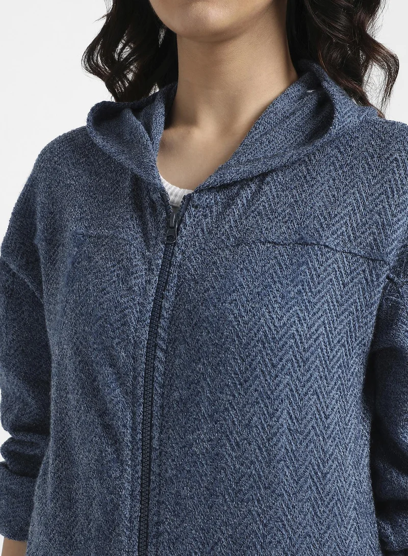 كامبوس سوترا Women's Prussian Blue Zip-Front Chevron Hoodie With Elasticated Hem