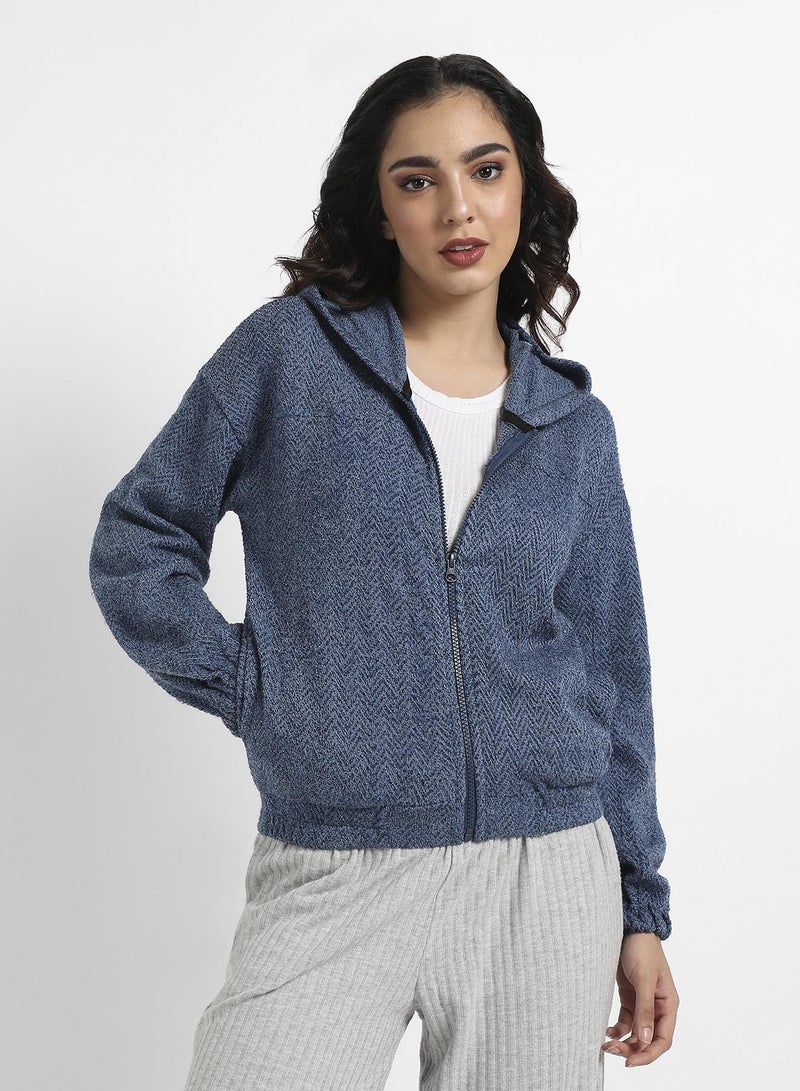 Campus Sutra Women's Prussian Blue Zip-Front Chevron Hoodie With Elasticated Hem  - Image 2