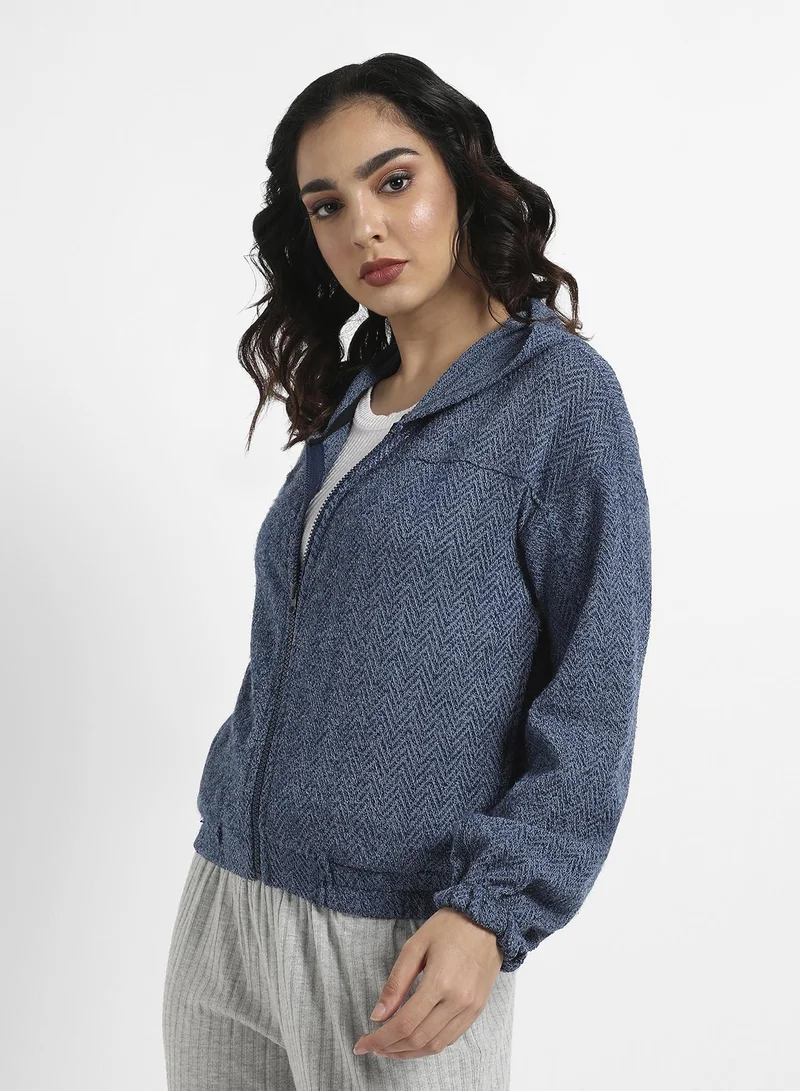 كامبوس سوترا Women's Prussian Blue Zip-Front Chevron Hoodie With Elasticated Hem