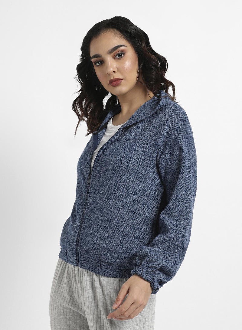 Campus Sutra Women's Prussian Blue Zip-Front Chevron Hoodie With Elasticated Hem  - Image 3