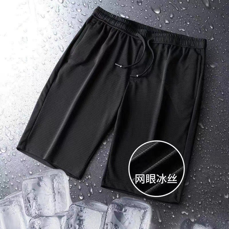 Ice Silk Shorts Mens 2023 Summer New Korean Style Loosen Stretch Stitching Labeling Beach Five-point Pants Mesh Five-point Pants - Image 1