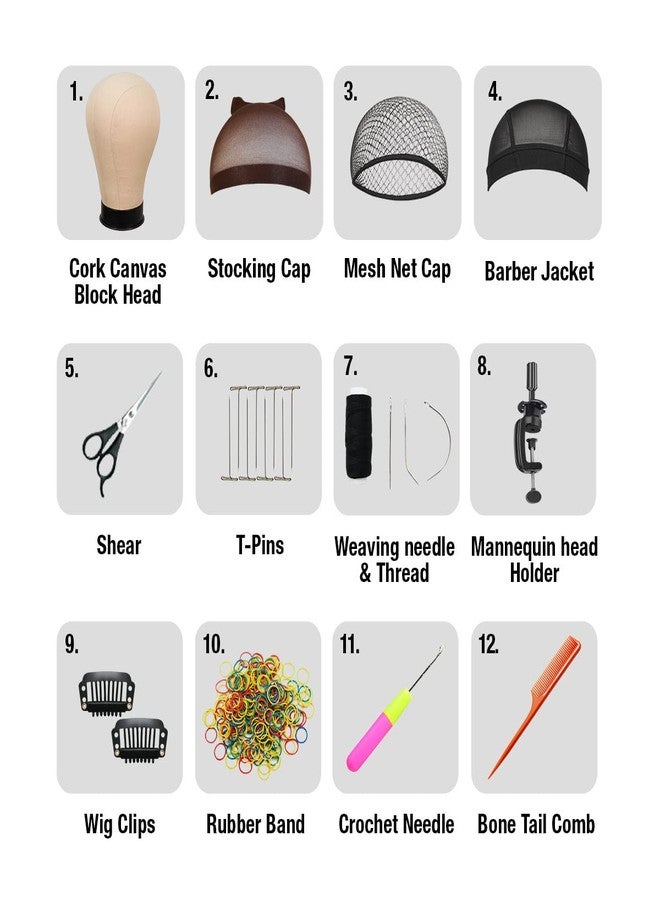 STUDIO LIMITED Canvas Block Head DIY Wig Making Starter Kit 12pcs, Height 11", Mannequin Head Wig Display and Stand for Wig Styling (22" Set) - Image 2