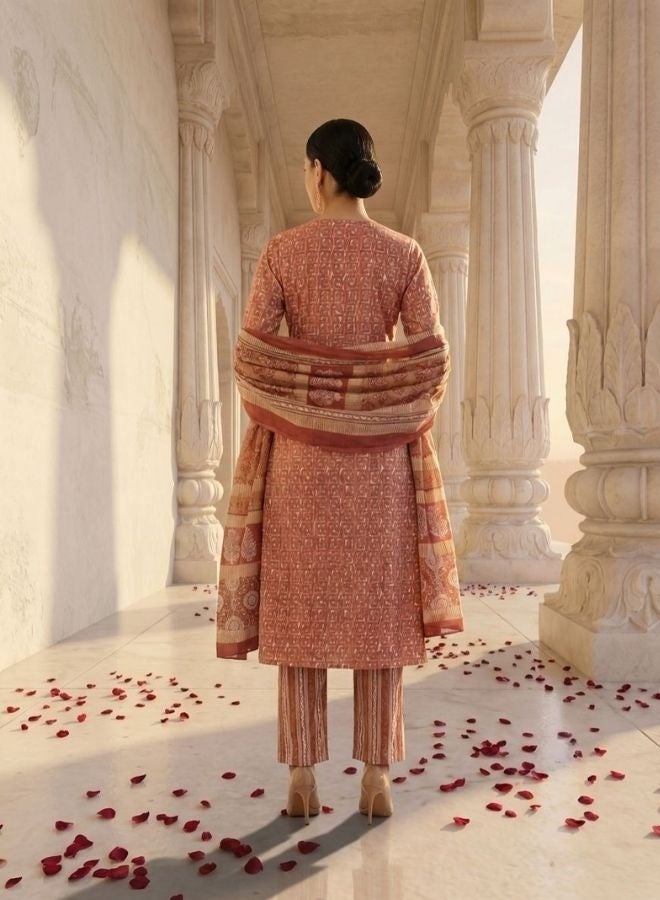 Yuris Women Peach Embroidered V Neck Printed Kurta Set With Bottom & Dupatta - Image 4