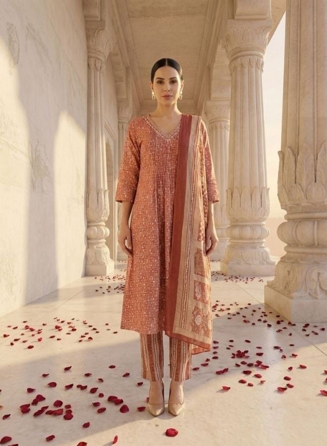 Yuris Women Peach Embroidered V Neck Printed Kurta Set With Bottom & Dupatta - Image 1