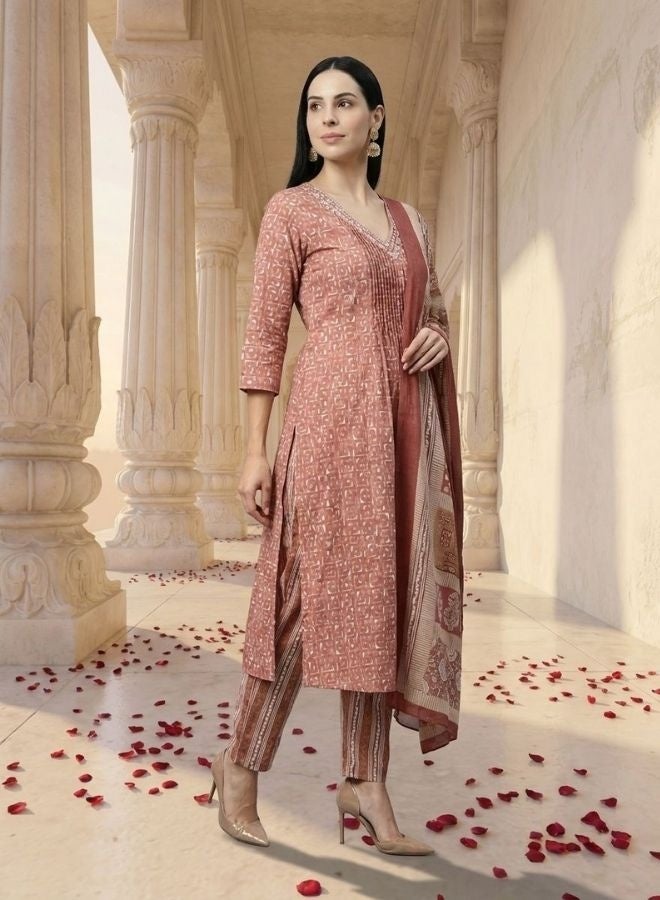Yuris Women Peach Embroidered V Neck Printed Kurta Set With Bottom & Dupatta - Image 3
