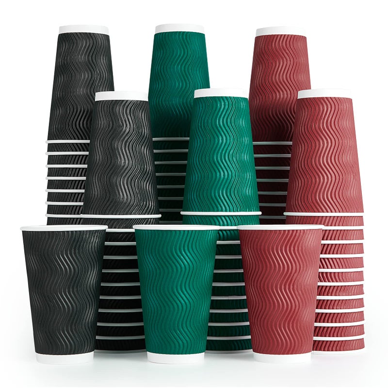MUCHII 16 oz Paper Coffee Cups 90 Count Multicolor Disposable Insulated Ripple Paper Cups for Hot Chocolate and Tea