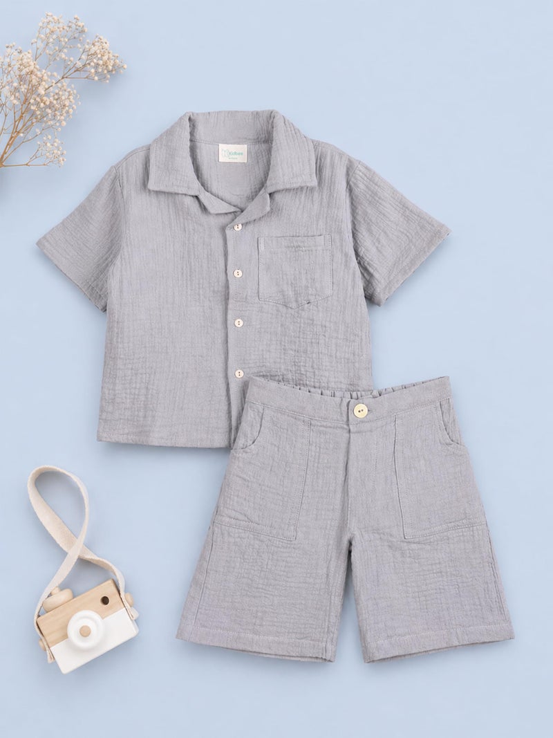 Kidbea Boys Organic Cotton Shirt & Shorts | Soft Breathable Summer Co-ord Outfit for Kids Casual Clothing Set (Grey, 3–4 Years) - Image 2