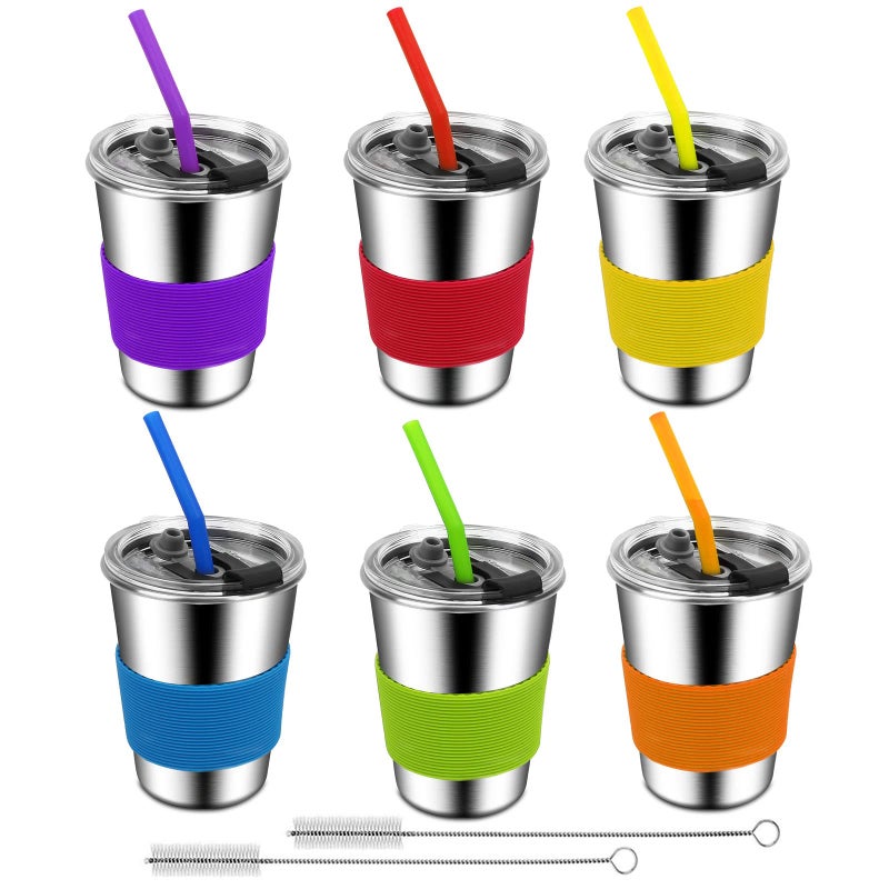 ShineMe Kids Cups with Straws and Lids 12oz Spill Proof Toddle Straw Cups with Sleeves Reusable Water Tumbler for Cold  Hot Drinks Stainless Steel Sippy Cup 6 Pack