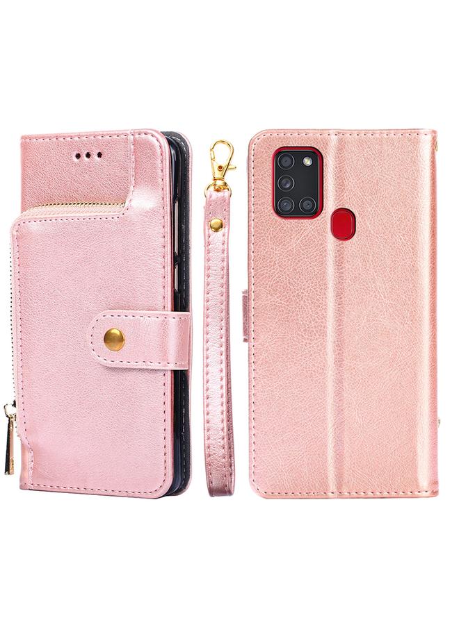 اس-توب جراب لهاتف Samsung Galaxy A21s بسحاب من البولي يوريثان الحراري + جراب جلدي قلاب أفقي مع حامل وفتحة بطاقة ومحفظة وحبل - Image 1