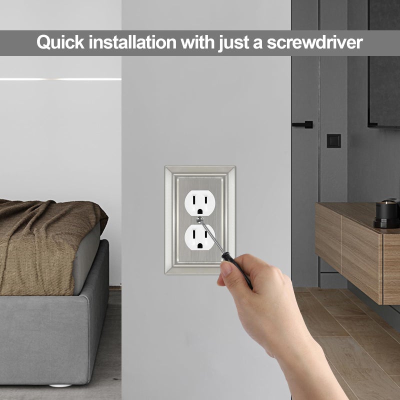 Dyekou Metal Wall Plate for Electrical Outlets, Decorative Brushed Nickel Switch Plates Outlet Cover, Light Switch Cover Plate, 1-Gang Wall Plates (Duplex Outlet, 6 Pack) - Image 3