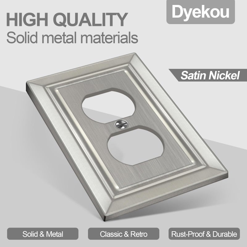 Dyekou Metal Wall Plate for Electrical Outlets, Decorative Brushed Nickel Switch Plates Outlet Cover, Light Switch Cover Plate, 1-Gang Wall Plates (Duplex Outlet, 6 Pack) - Image 2