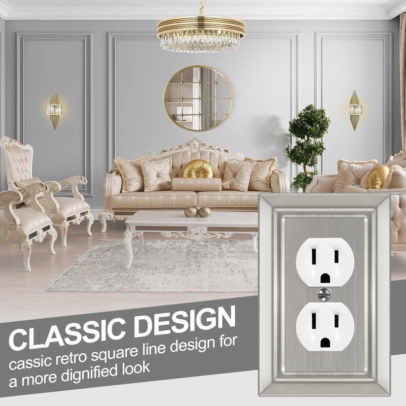 Dyekou Metal Wall Plate for Electrical Outlets, Decorative Brushed Nickel Switch Plates Outlet Cover, Light Switch Cover Plate, 1-Gang Wall Plates (Duplex Outlet, 6 Pack) - Image 5