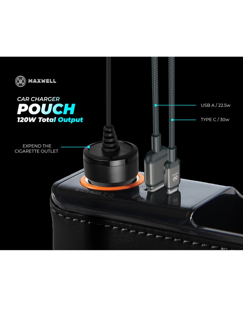 Maxwell Electronics Maxwell Car Charger Organizer with USB-A Quick Charge Compatible with iPhone 16 Pro Max, Samsung S25 Ultra, Laptop, Tablet, etc. Secure Fit for Automobile, Durable Leather, Easy Organization (Black)  - Image 3