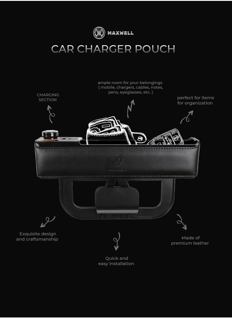 Maxwell Electronics Maxwell Car Charger Organizer with USB-A Quick Charge Compatible with iPhone 16 Pro Max, Samsung S25 Ultra, Laptop, Tablet, etc. Secure Fit for Automobile, Durable Leather, Easy Organization (Black)  - Image 4
