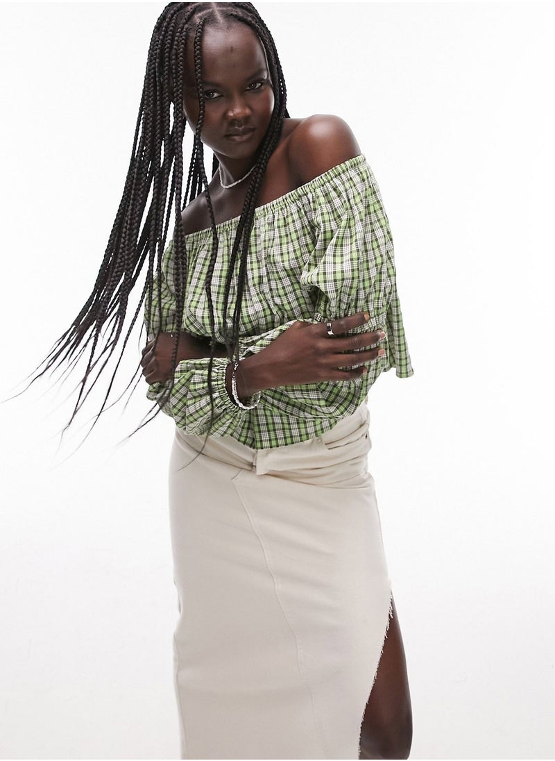 TOPSHOP Checked Bardot Crop Top  - Image 1