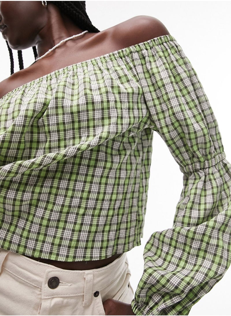 TOPSHOP Checked Bardot Crop Top  - Image 3