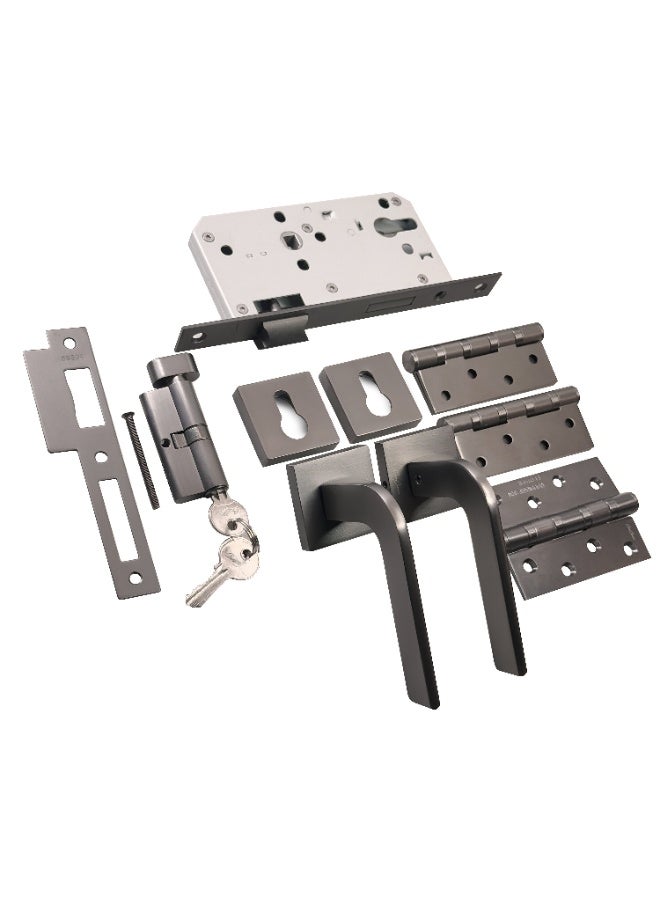 CINCINNO Lumi Premium Aluminium Door Lock Set – Complete Door Handle Kit with Lock Body, Cylinder, Hinges, Escutcheon, Striker Plate, Keys – Secure & Stylish for Home and Office Doors (Gun Metal Grey) - Image 1