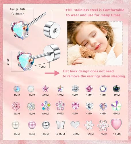 YADOCA 24Pairs Hypoallergenic Earrings for Girls Women - 𝑺𝒖𝒓𝒈𝒊𝒄𝒂𝒍 𝑺𝒕𝒆𝒆𝒍 Screw Back Earring Cute Kids Baby Toddler Earrings 4mm Tiny Screwback Flat Back Stud Earring Set Age: Over 3 Years Old - Image 2