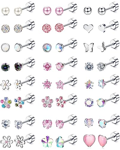 YADOCA 24Pairs Hypoallergenic Earrings for Girls Women - 𝑺𝒖𝒓𝒈𝒊𝒄𝒂𝒍 𝑺𝒕𝒆𝒆𝒍 Screw Back Earring Cute Kids Baby Toddler Earrings 4mm Tiny Screwback Flat Back Stud Earring Set Age: Over 3 Years Old - Image 1