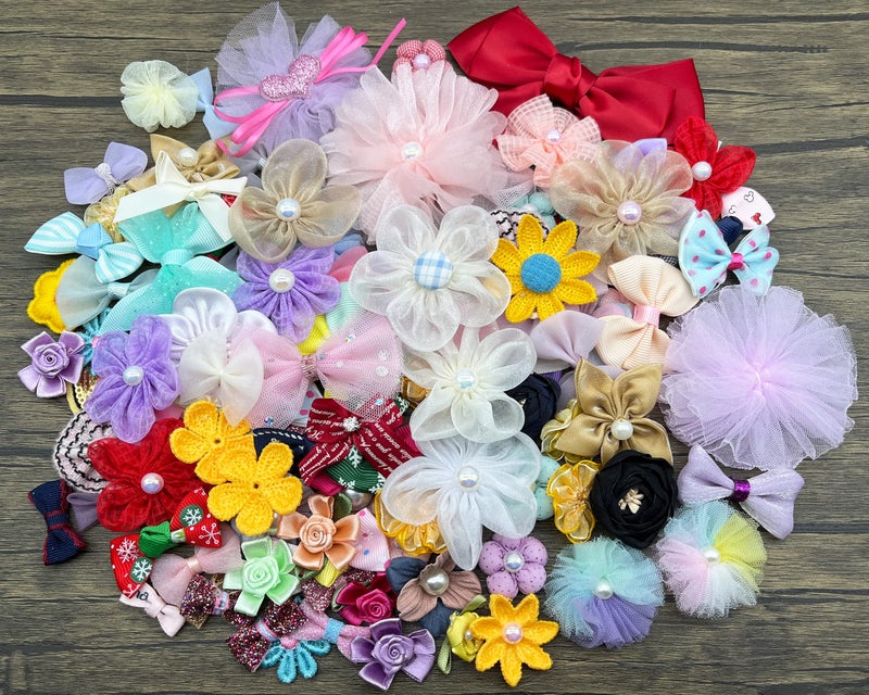 DOUKING 100 Count Mix Satin Ribbon Rose Flowers Bows Appliques Organza Daisy Flower Embellishments for Sewing, Craft Project, Hair Bow Headband (Mixed) - Image 1