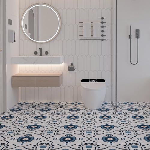WOWSTAR 30-Pack Peel and Stick Floor Tiles, 12 x 12in Vinyl Flooring Tiles, Self-Adhesive Waterproof Flooring Planks for Kitchen, Dining Room, Bedrooms, 30 Sq. Ft - Blue Flower Texture - Image 2