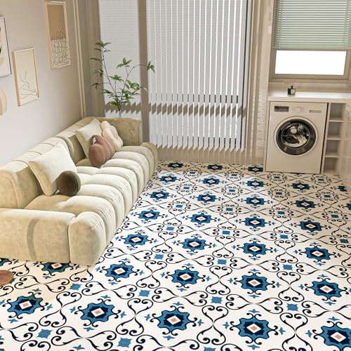 WOWSTAR 30-Pack Peel and Stick Floor Tiles, 12 x 12in Vinyl Flooring Tiles, Self-Adhesive Waterproof Flooring Planks for Kitchen, Dining Room, Bedrooms, 30 Sq. Ft - Blue Flower Texture - Image 3