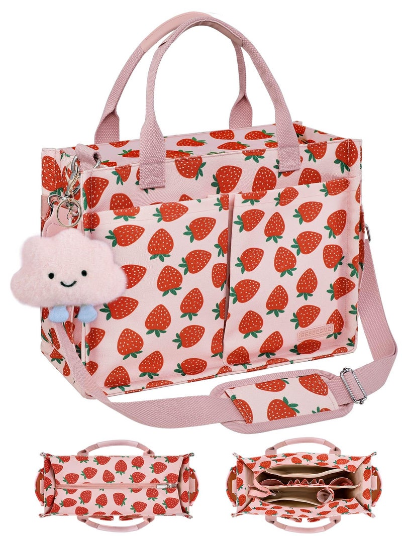 BESBESME Canvas Tote Bag for Women with Zipper, Compartments & Luggage Sleeve, Work and College Crossbody Bag, Laptop Purse for Teacher, Nurse, Travel, Bible Study, Pink Big Strawberry M - Image 1
