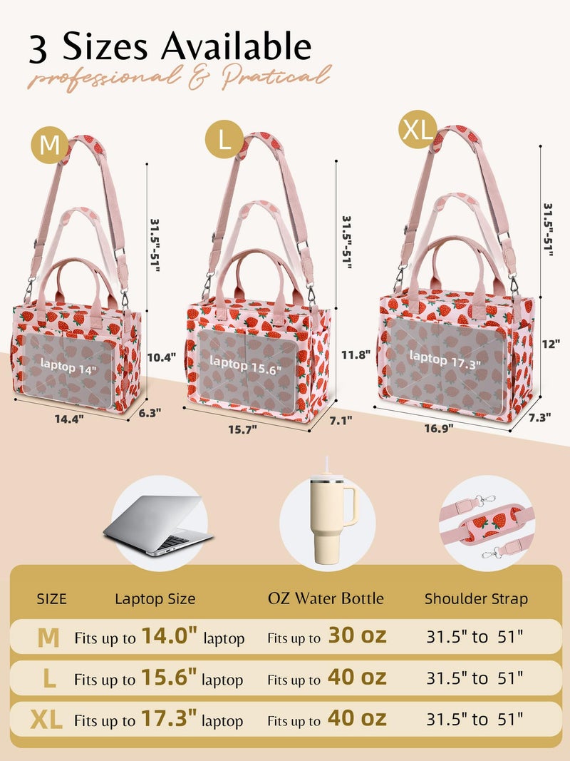 BESBESME Canvas Tote Bag for Women with Zipper, Compartments & Luggage Sleeve, Work and College Crossbody Bag, Laptop Purse for Teacher, Nurse, Travel, Bible Study, Pink Big Strawberry M - Image 5