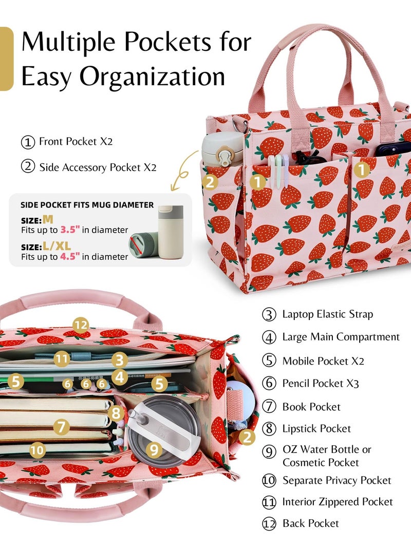 BESBESME Canvas Tote Bag for Women with Zipper, Compartments & Luggage Sleeve, Work and College Crossbody Bag, Laptop Purse for Teacher, Nurse, Travel, Bible Study, Pink Big Strawberry M - Image 4