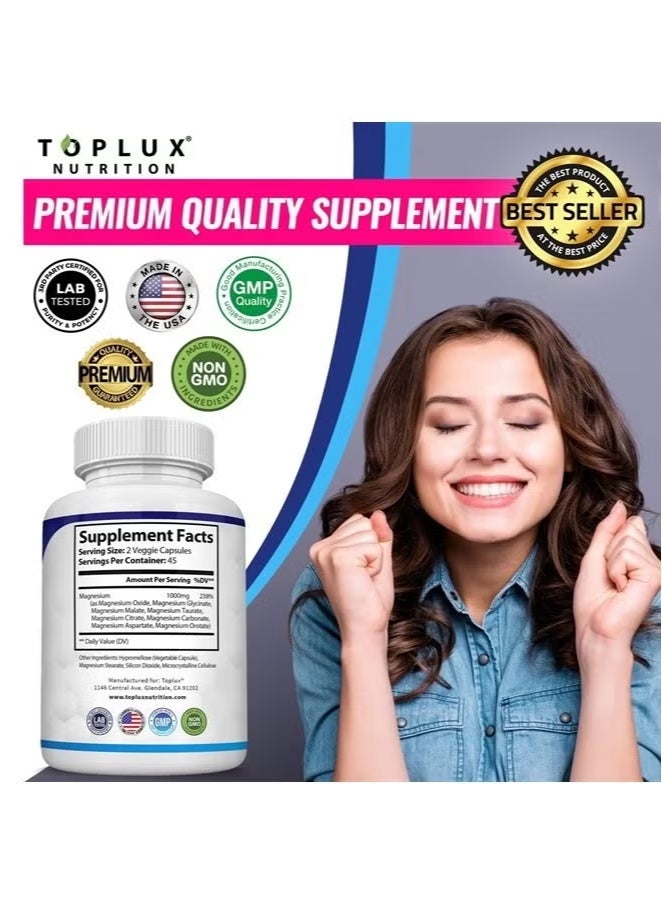 Toplux Magnesium Complex Supplement 8 Elemental Magnesium 1000mg - Magnesium Glycinate, Citrate, Malate, Taurate, Chelated for Easy Absorption for Bones, Muscle, Recovery, Energy, Vegan Non-GMO 90 Capsules - Image 5