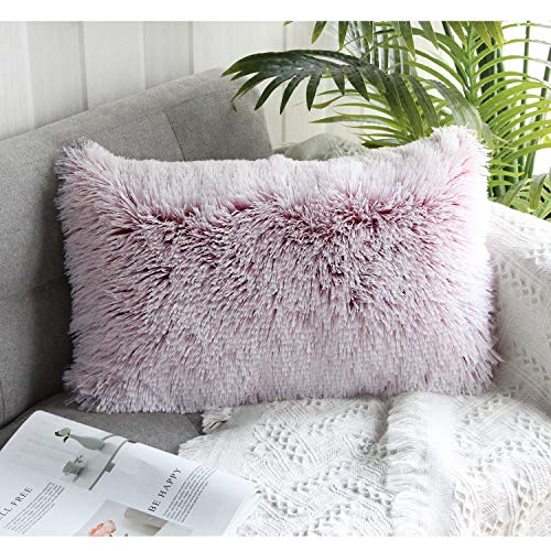 Uhomy Fluffy Accent Pillows Cover 20"x12", Soft Burgundy Ombre Faux Fur Throw Pillow Case, Modern Luxury Decorative Square Cushion Cover for Farmhouse Home Decor for Sofa/Bed/Chair, 50x30cm Single - Image 1