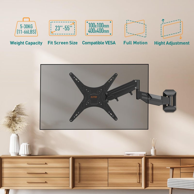 ELIVED TV Wall Bracket Height Adjustable Gas Spring Arm Monitor Wall Mount for Most 23"-55" LED, LCD, OLED Flat or Curved TVs with VESA 100x100mm-400x400mm up to 30KG, Full Motion Corner TV Mount - Image 2
