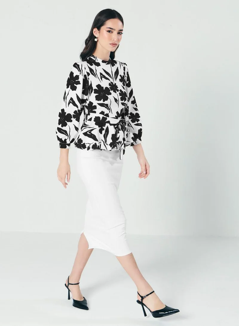 Zigzag Black And White Floral Peplum Top