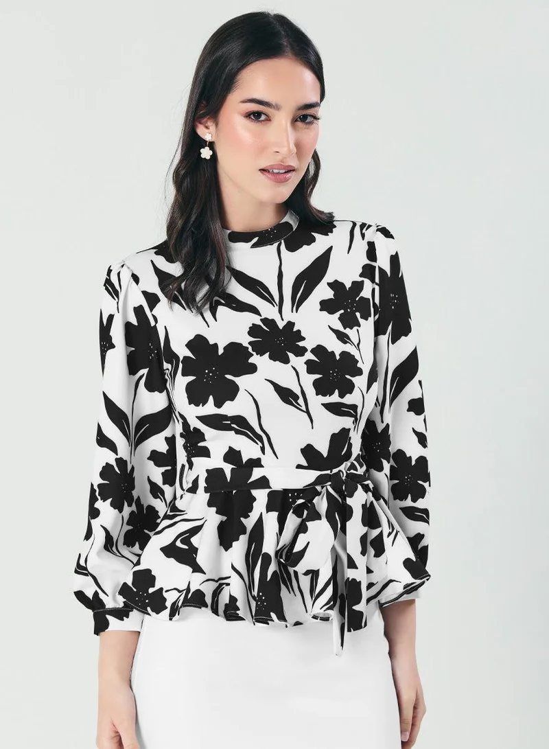 Zigzag Black And White Floral Peplum Top