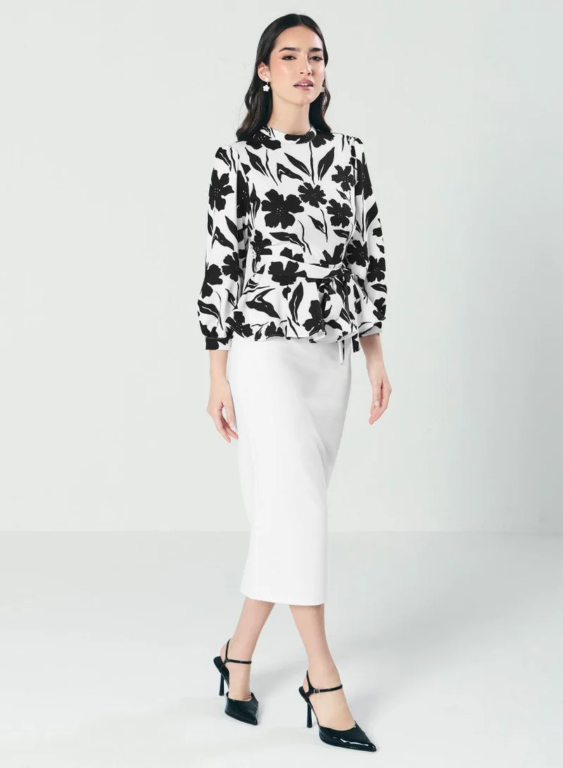 Zigzag Black And White Floral Peplum Top