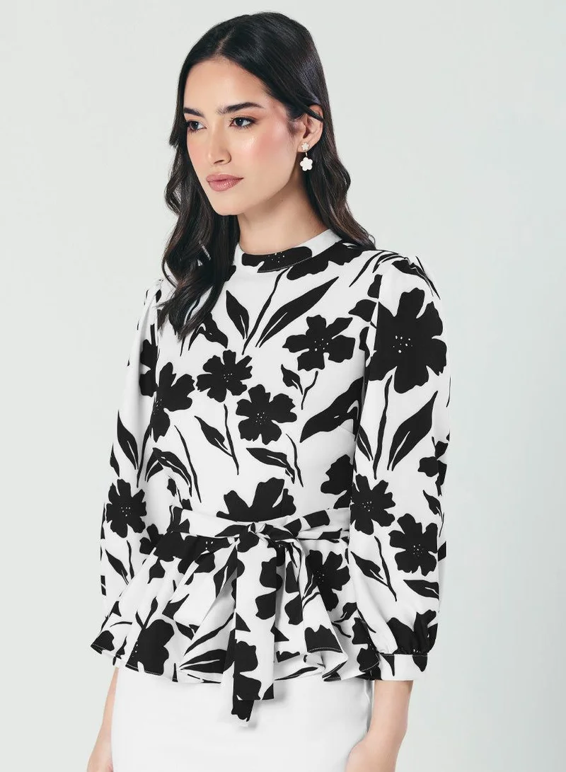 Zigzag Black And White Floral Peplum Top