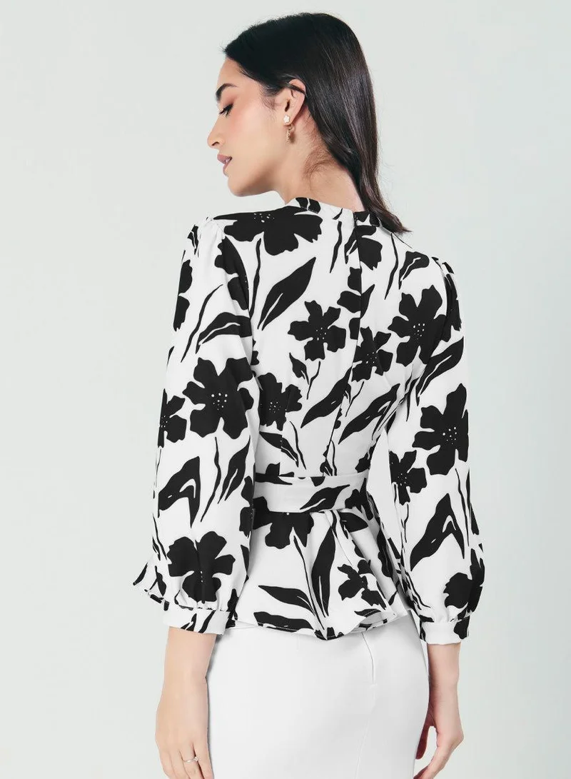 Zigzag  Black And White Floral Peplum Top for Women | Best Price UAE