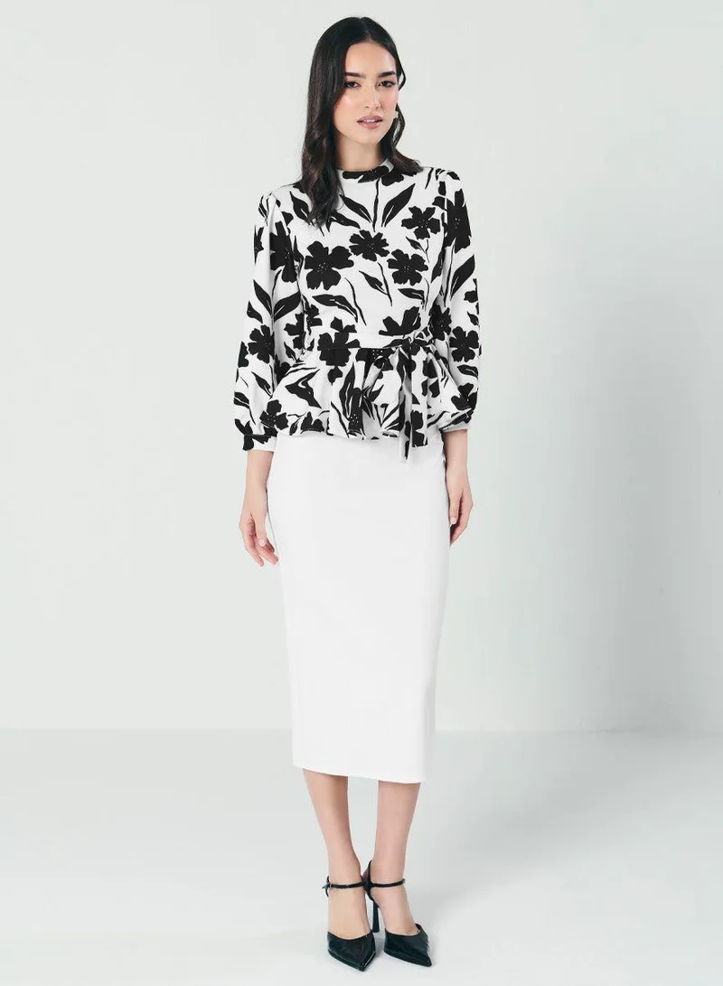 Zigzag  Black And White Floral Peplum Top for Women | Best Price UAE