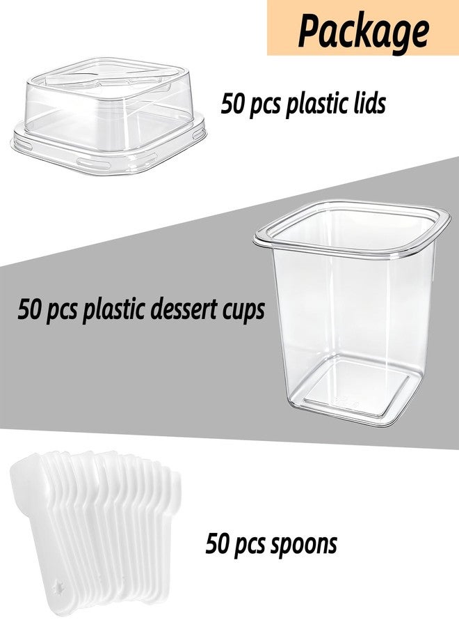 Dicunoy 50 Pack Plastic Dessert Cups with Lids and Spoons, 12 Oz Square Clear Cake Containers for Yogurt, Parfait, Pudding, Fruit, Mousse, Strawberry Shortcake, Event and Party - Image 3