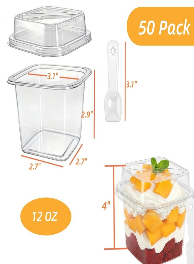 Dicunoy 50 Pack Plastic Dessert Cups with Lids and Spoons, 12 Oz Square Clear Cake Containers for Yogurt, Parfait, Pudding, Fruit, Mousse, Strawberry Shortcake, Event and Party - Image 2