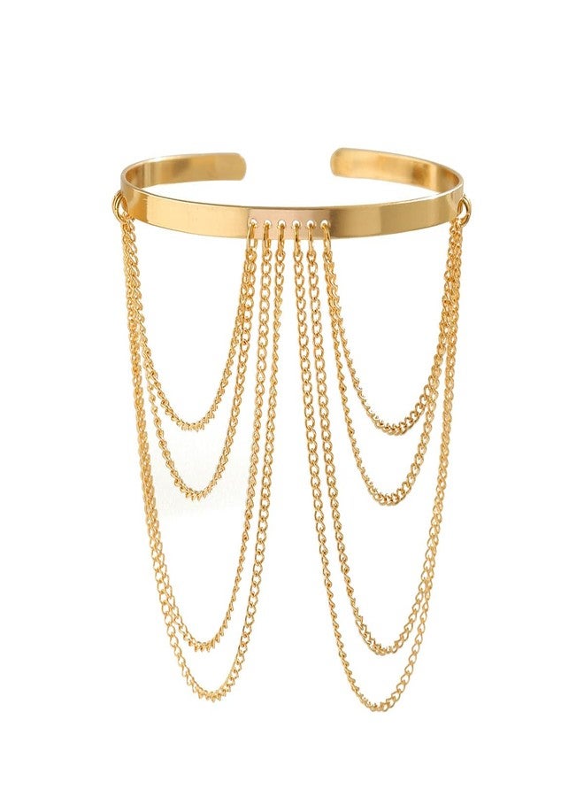 Aimimier Boho Vintage Arm Cuff with Multilayered Chain Tassels Wide Upper Armband Open Bracelet Beach Armlet Costume Accessories for Women (Gold) - Image 4